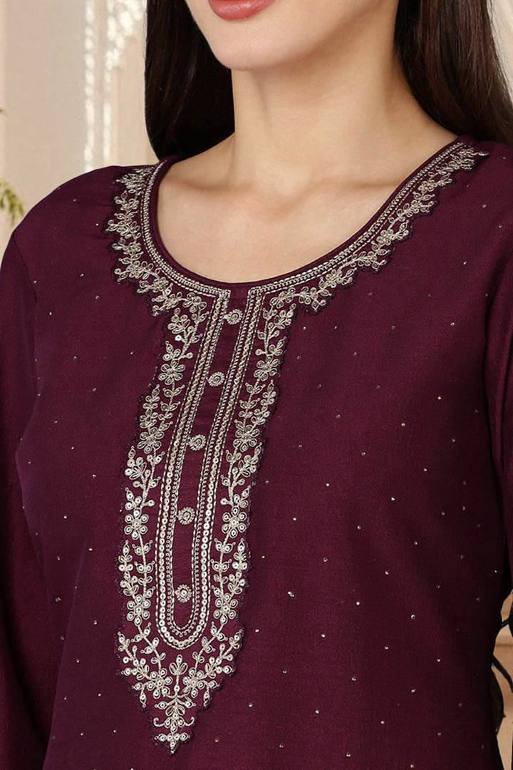 Burgundy Silk Blend Solid Straight Kurta Trousers With Dupatta  | SHOBITAM