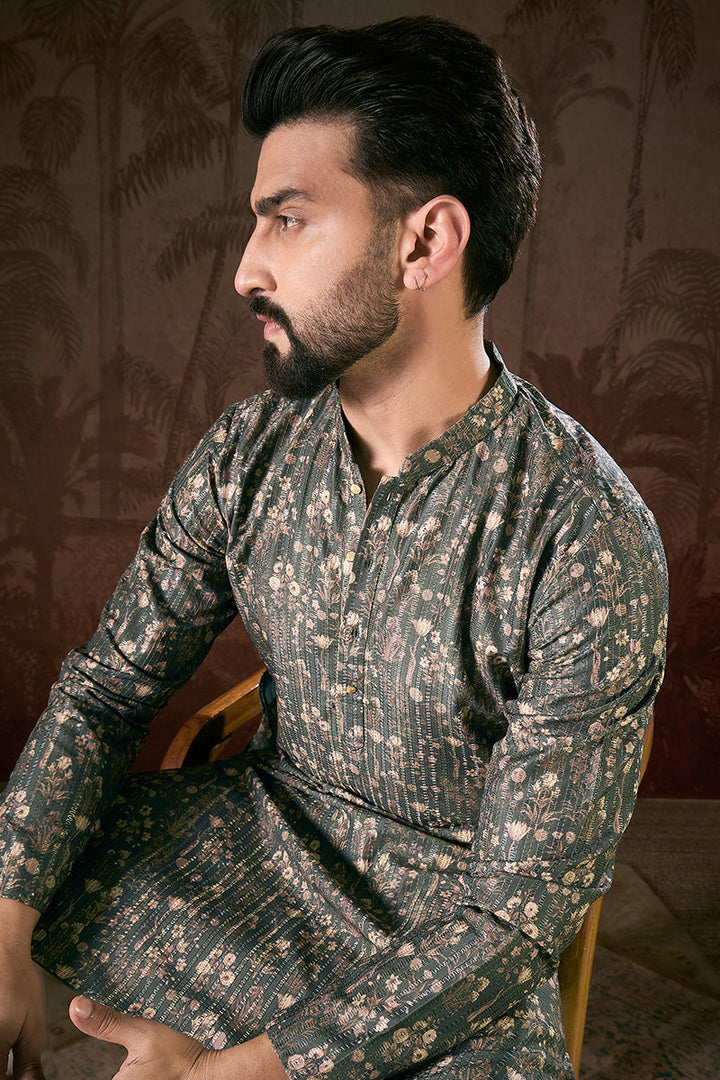 Olive Silk Blend Floral Printed Straight Kurta With Trouser | SHOBITAM