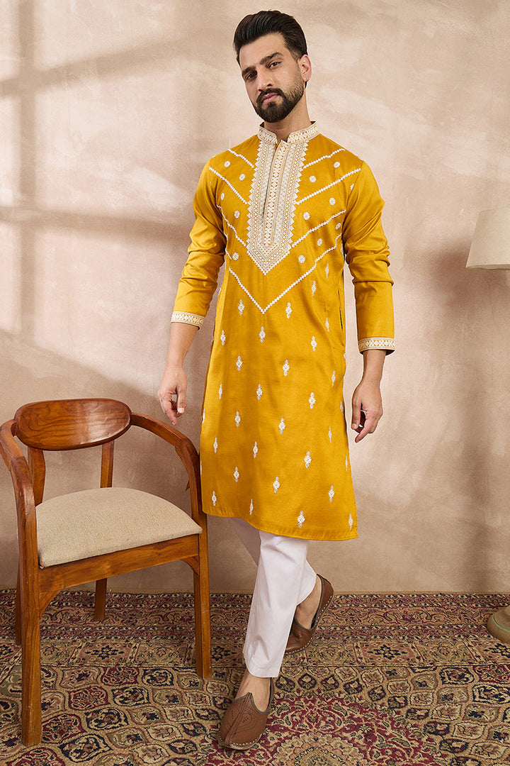 Yellow Silk Blend Ethnic Motifs Embroidered Straight Kurta | SHOBITAM