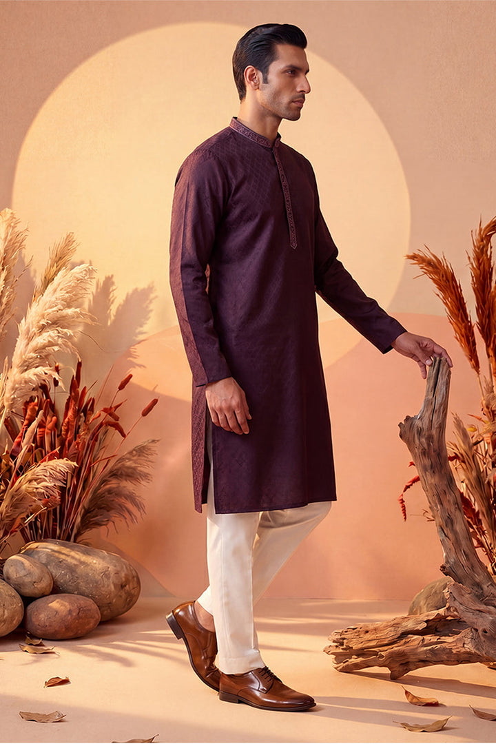 Mens Purple Silk Blend Woven Design Straight Kurta With Trouser | SHOBITAM