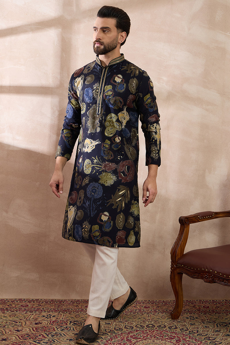 Navy Blue Silk Blend Printed Mandarin Collar Straight Kurta For Men | SHOBITAM