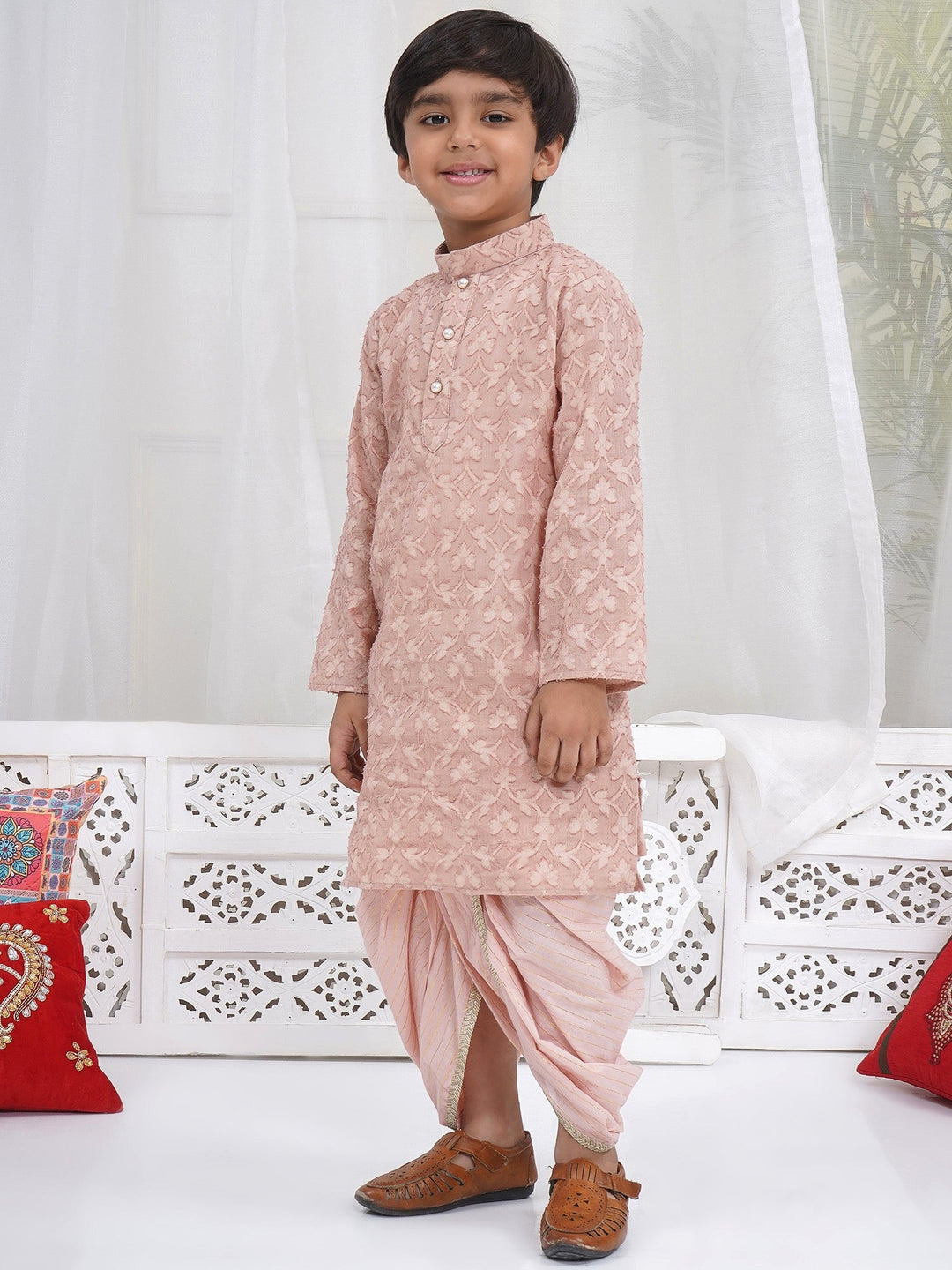 Boys Cotton Full Sleeves Self Weaving Kurta with Dhoti and Pearl Buttons - Mocha Brown | SHOBITAM