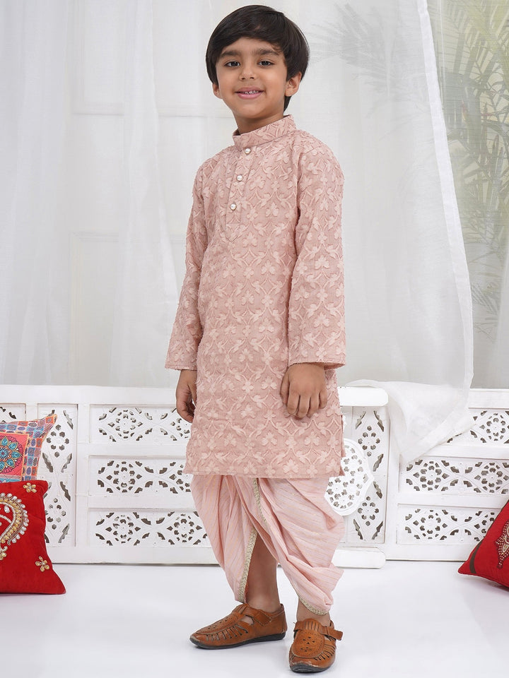 Boys Cotton Full Sleeves Self Weaving Kurta with Dhoti and Pearl Buttons - Mocha Brown | SHOBITAM