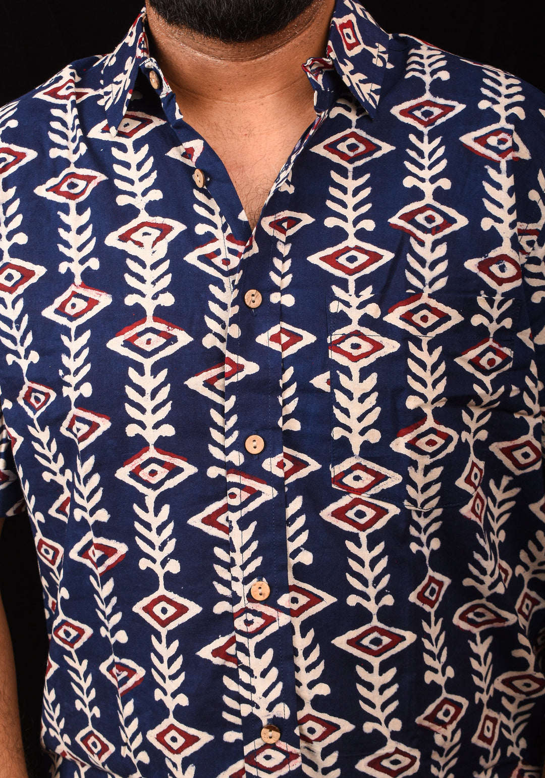 Blue White Red Handblock Printed Cotton Mens Shirt