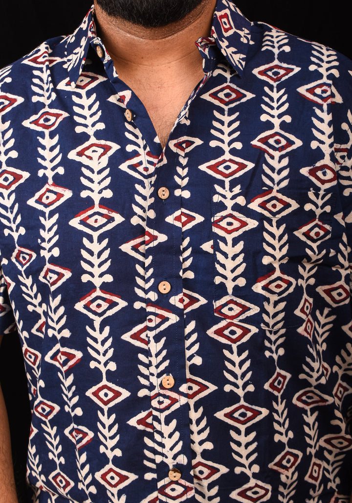 Blue White Red Handblock Printed Cotton Mens Shirt