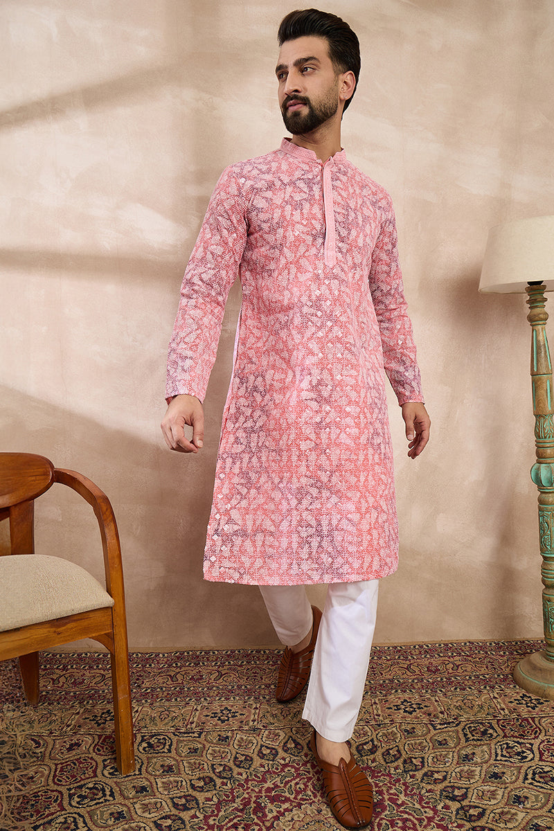 Pink Viscose Rayon Ethnic Motifs Embroidered Straight Kurta With Trouser | SHOBITAM