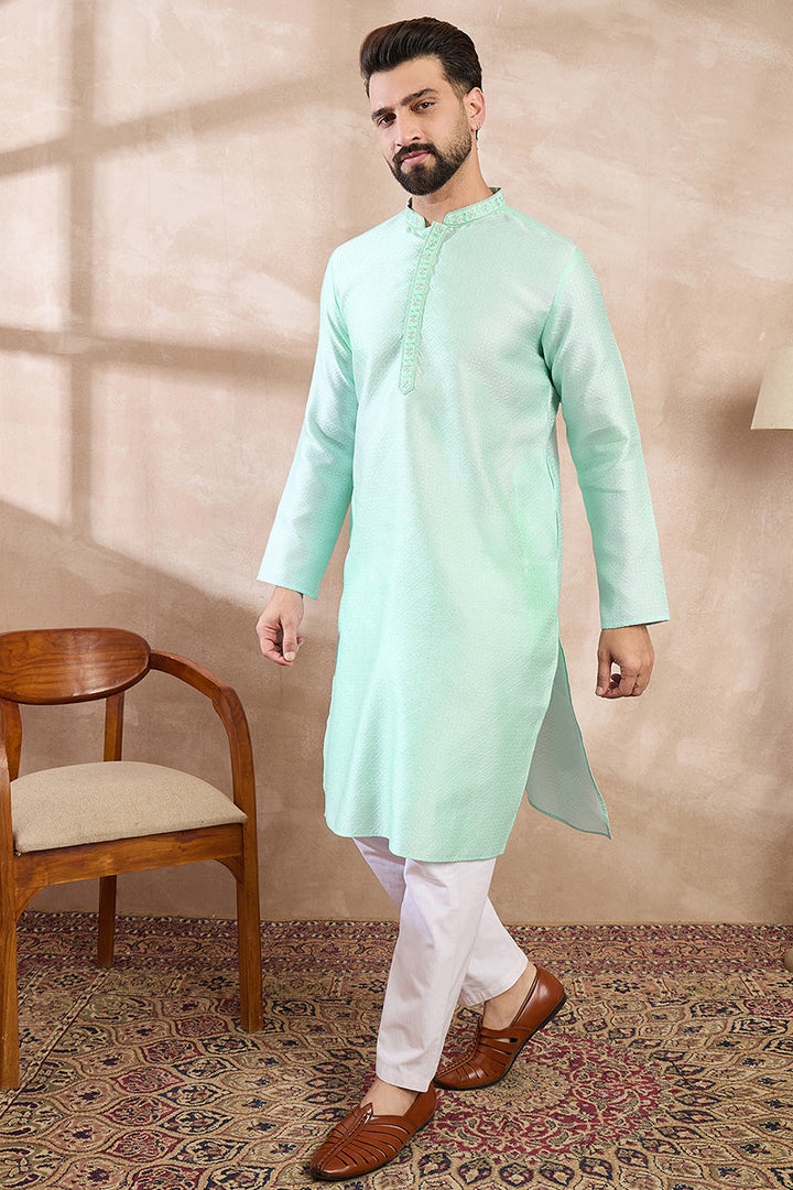 Blue Silk Blend Solid Embroidered Straight Kurta | SHOBITAM
