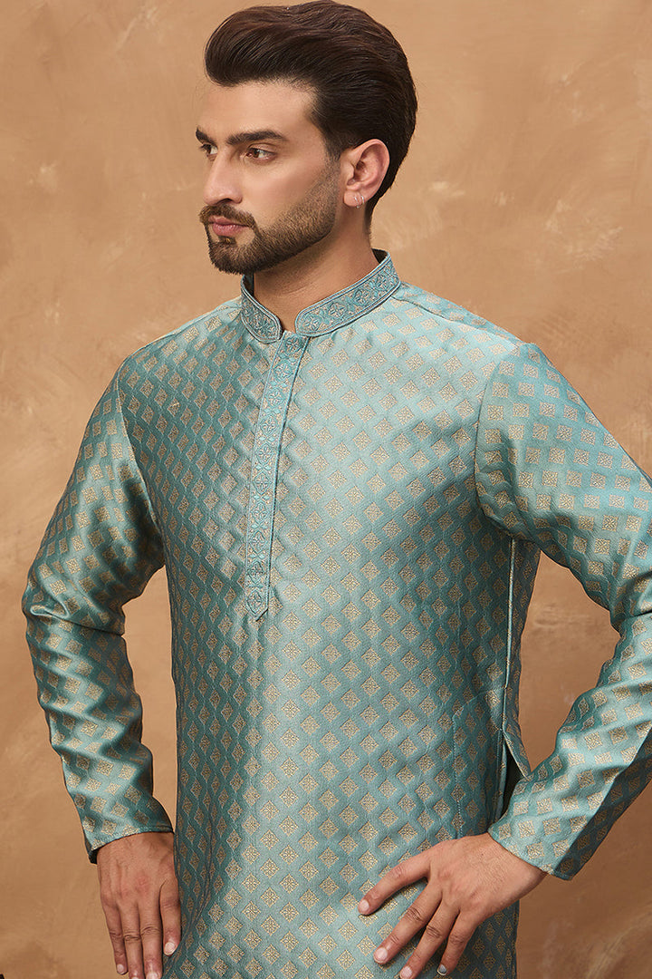 Blue Silk Blend Solid Woven Design Straight Kurta | SHOBITAM