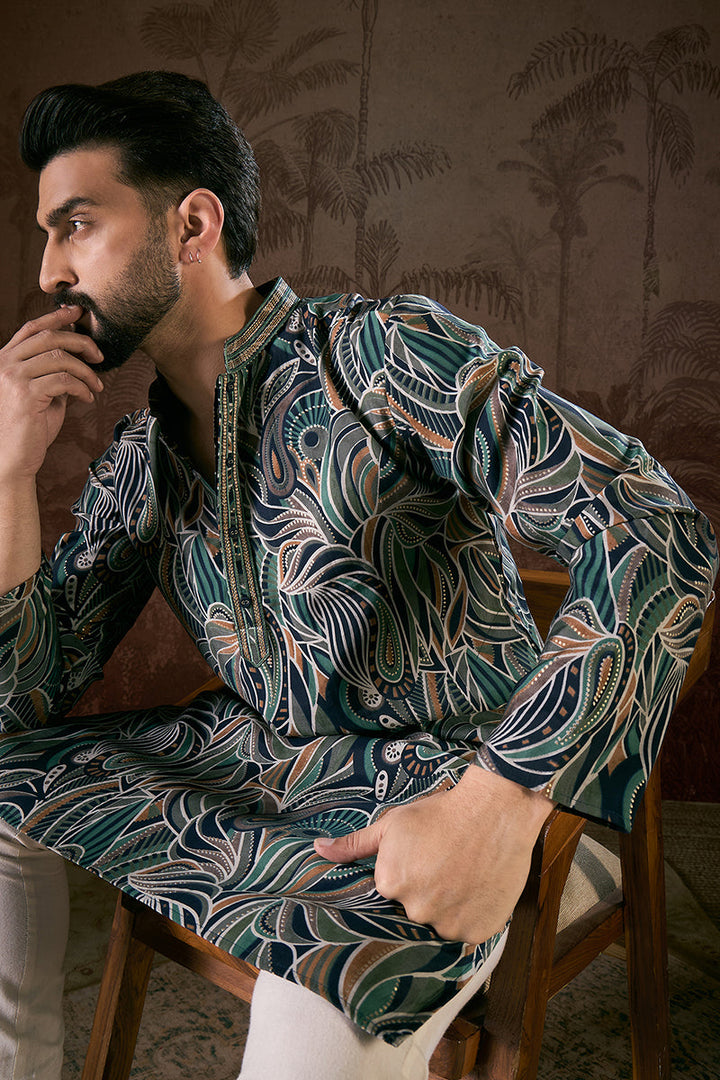 Navy Blue Silk Blend Abstract Printed Straight Kurta For Men | SHOBITAM
