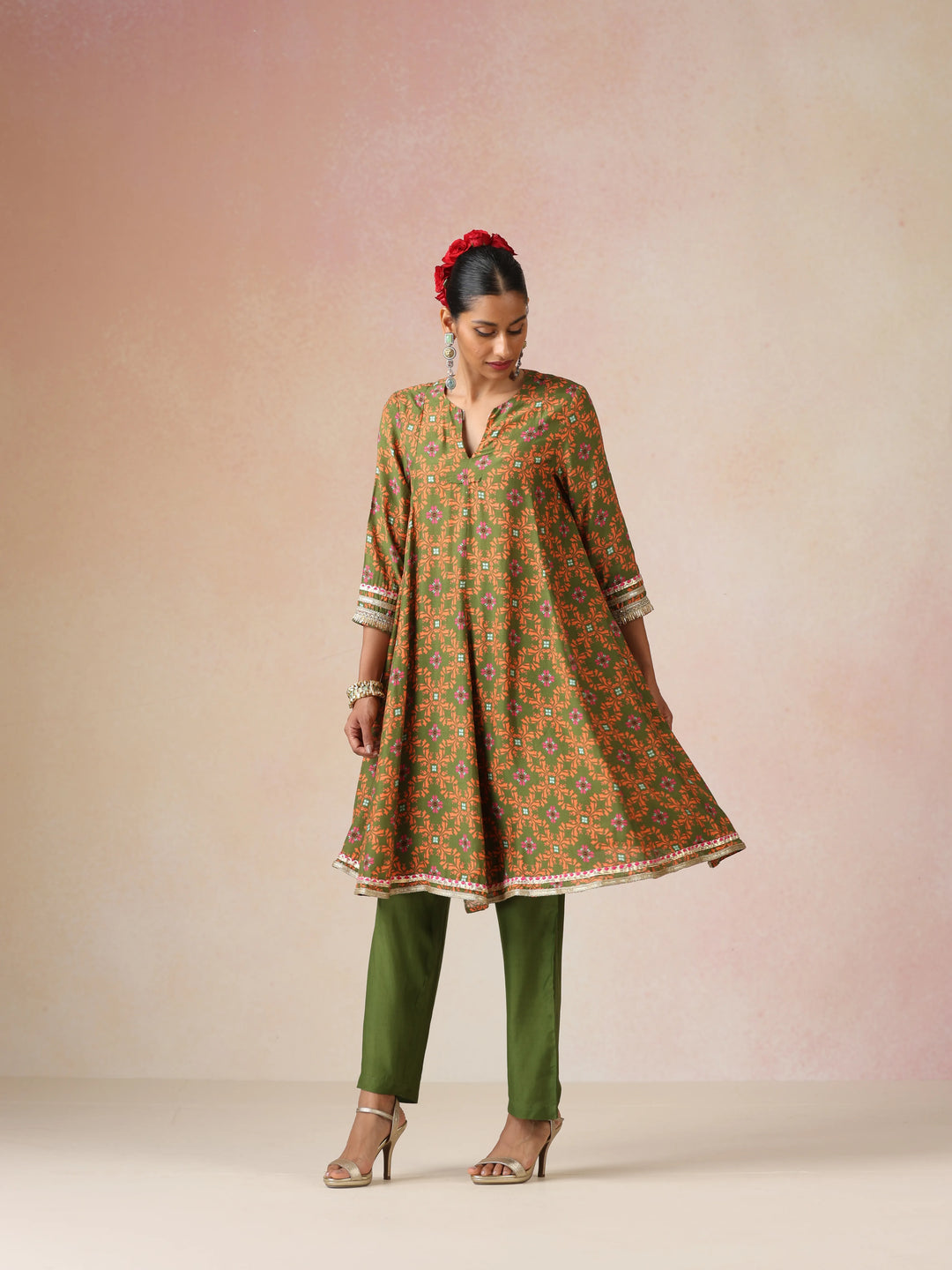 Dark Green Orange Jaal Print Viscose Flared Kurta Co-ord Set | SHOBITAM