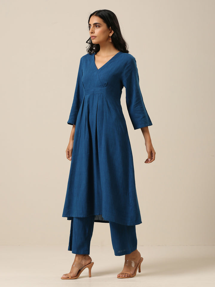 Classic Blue Slub Texture Overlap Pleat Kurta Pant Set  | SHOBITAM