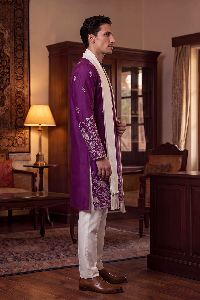 Men Purple Silk Blend Solid Embroidered Straight Kurta Trouser with Dupatta  | SHOBITAM
