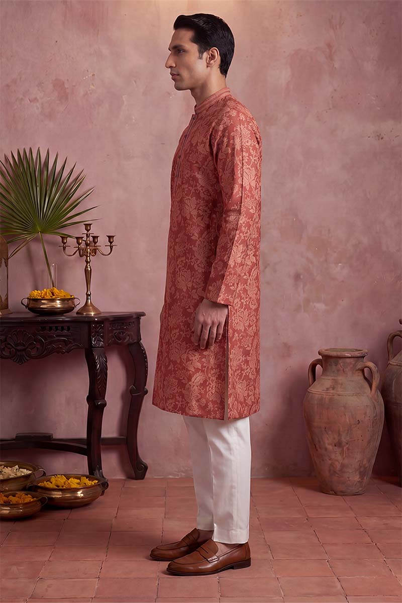 Mens Red Silk Blend Floral Printed Kurta With Trousers | SHOBITAM