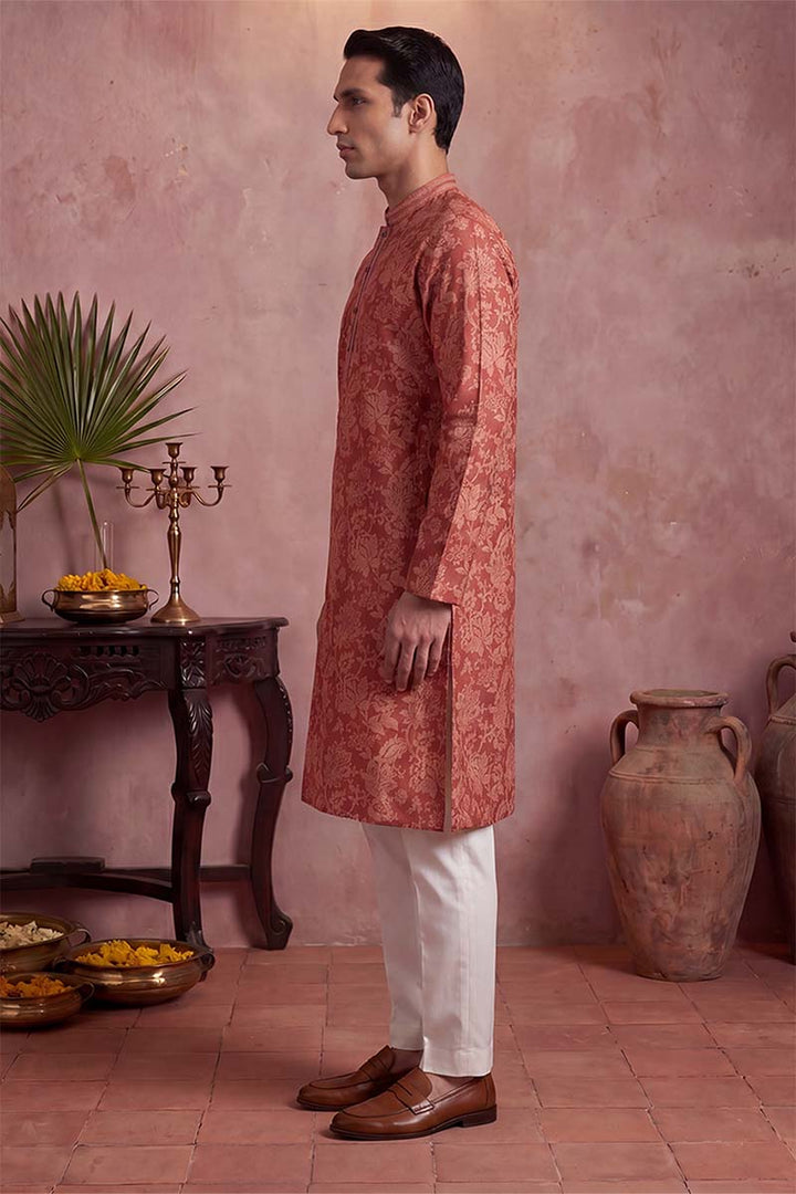 Mens Red Silk Blend Floral Printed Kurta With Trousers | SHOBITAM