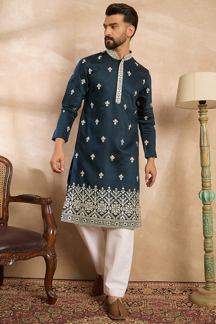 Navy Blue Polyester Solid Embroidered Straight Kurta With Trouser | SHOBITAM