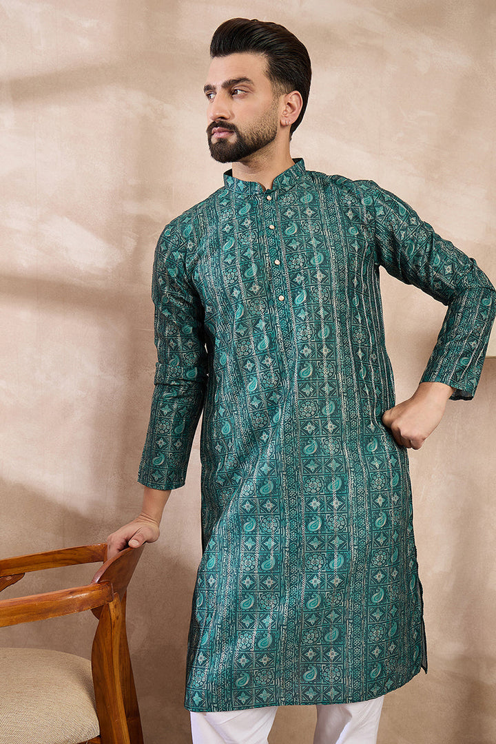 Green Silk Blend Ethnic Motifs Printed Straight Kurta With Trouser | SHOBITAM