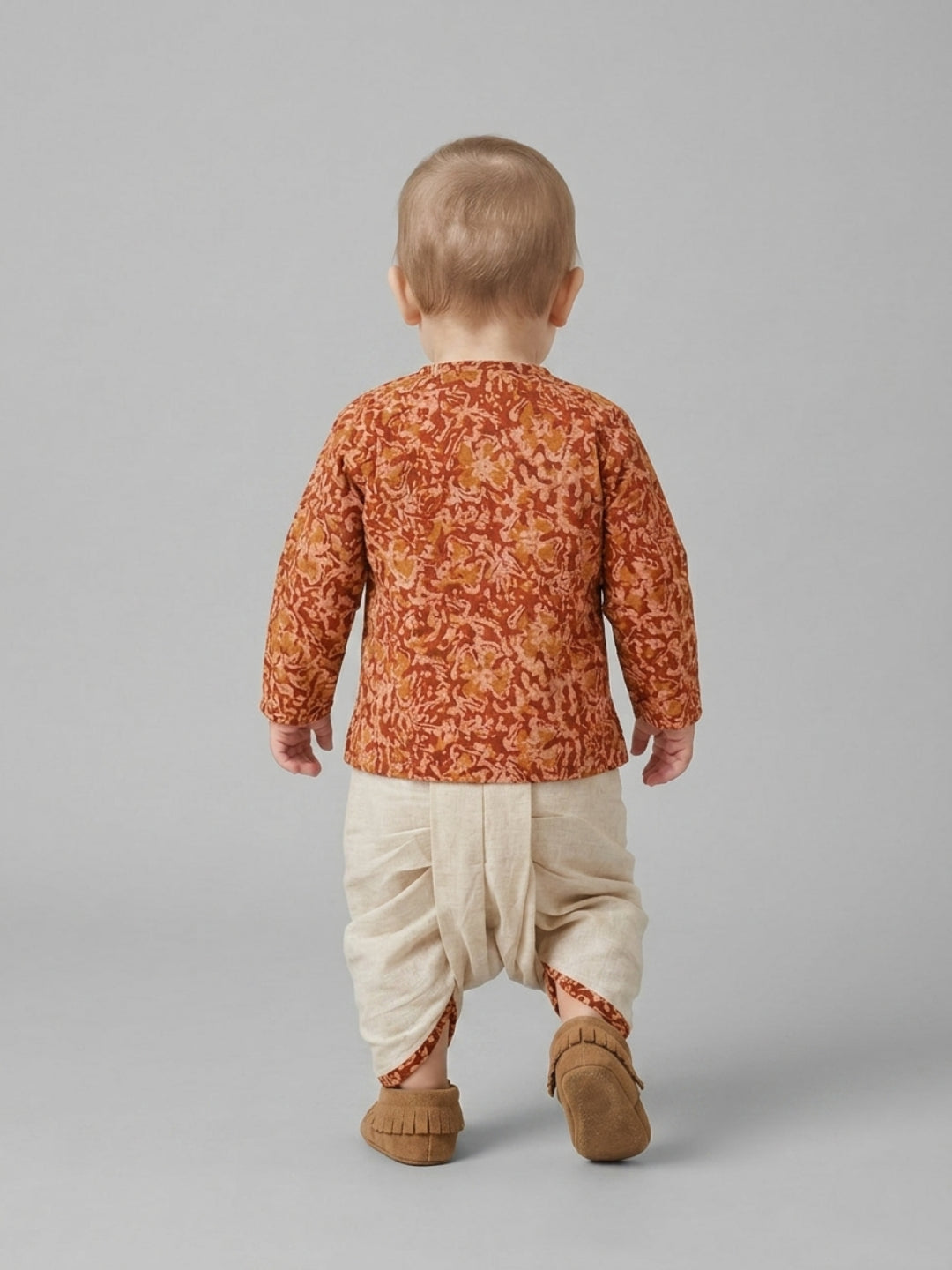 Boys Rust Orange Floral Printed Cotton Angrakha Style Dhoti Set | SHOBITAM
