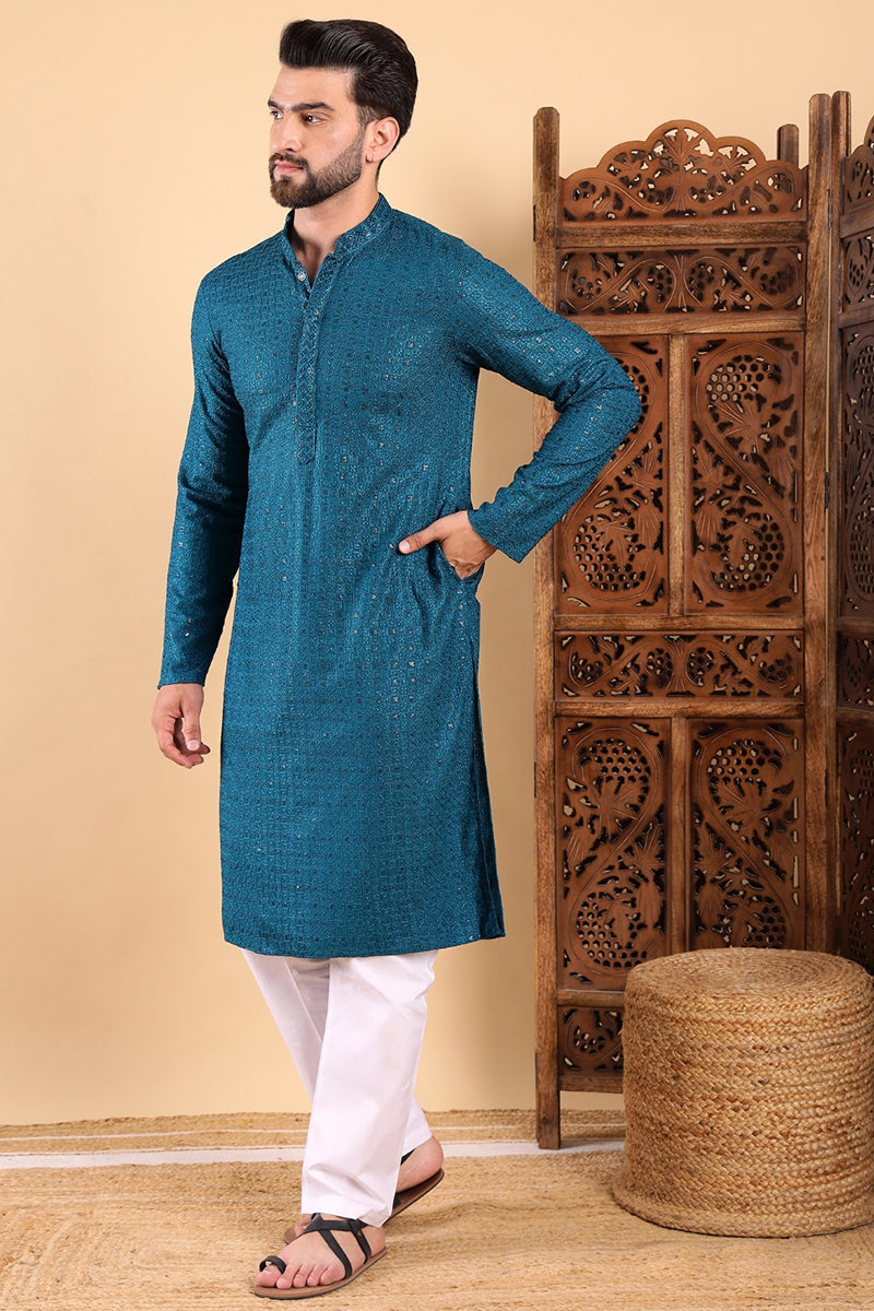 Teal Viscose Rayon Solid Embroidered Straight Kurta For Men| SHOBITAM
