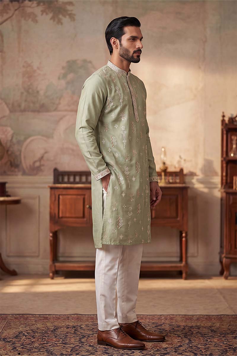 Mens Green Silk Blend Solid Embroidered Kurta With Trousers | SHOBITAM