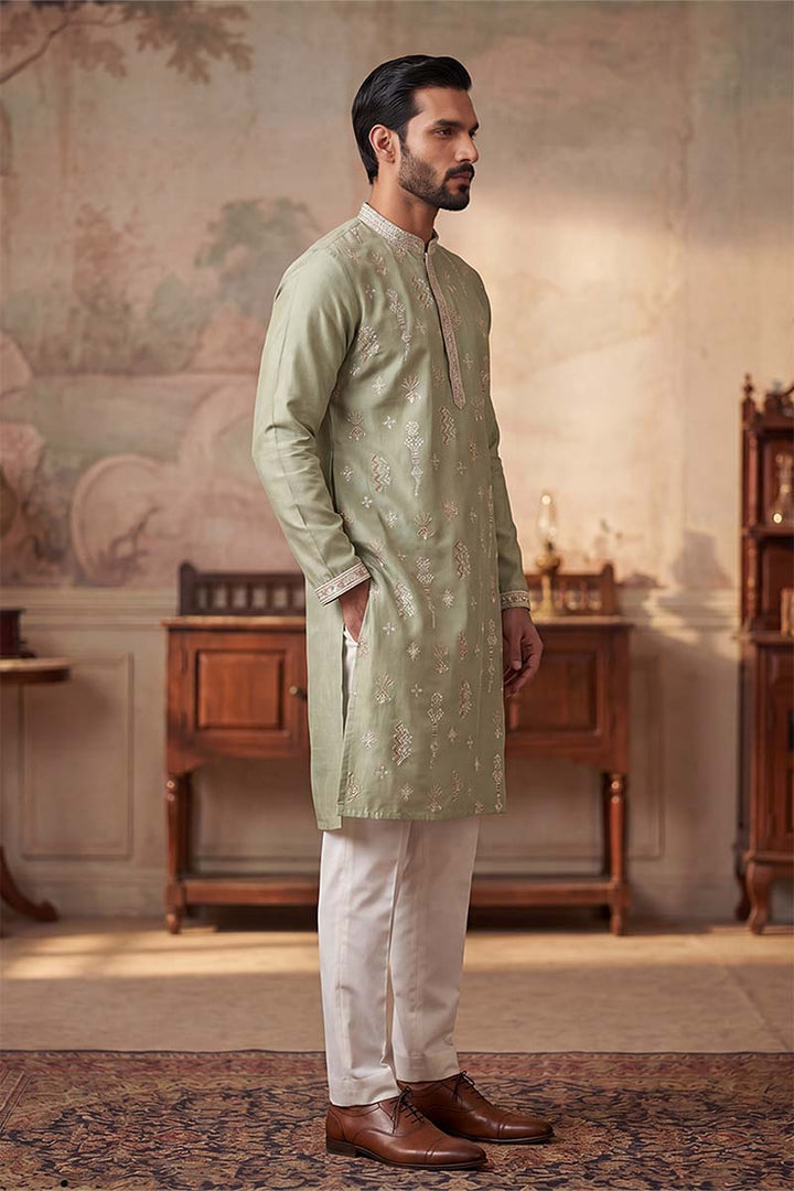 Mens Green Silk Blend Solid Embroidered Kurta With Trousers | SHOBITAM