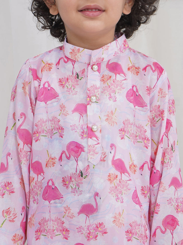 Boys Pink Muslin Flamingo Dhoti Kurta Set | SHOBITAM
