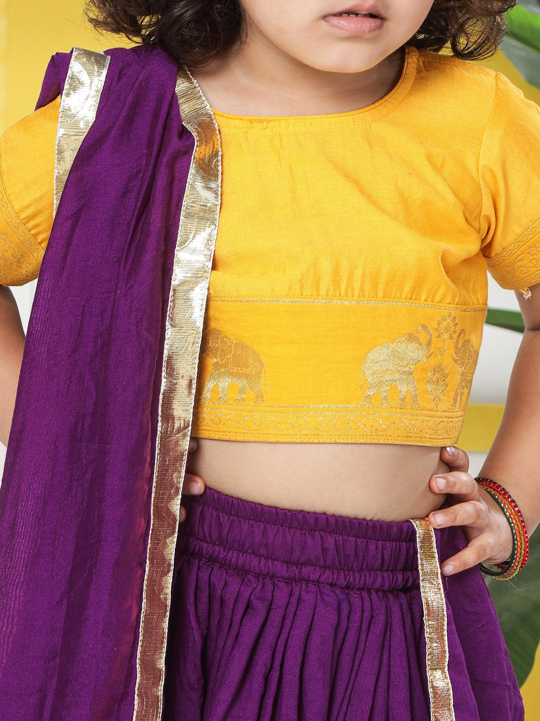Purple Elephant Zari Embroidery Chanderi Cotton Lehenga with Stitched Yellow Blouse Set | SHOBITAM