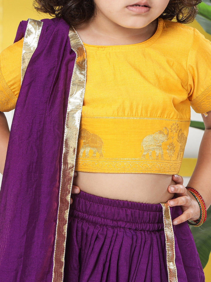 Purple Elephant Zari Embroidery Chanderi Cotton Lehenga with Stitched Yellow Blouse Set | SHOBITAM