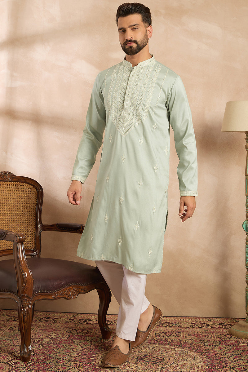Green Silk Blend Geometric Embroidered Straight Kurta With Trouser | SHOBITAM
