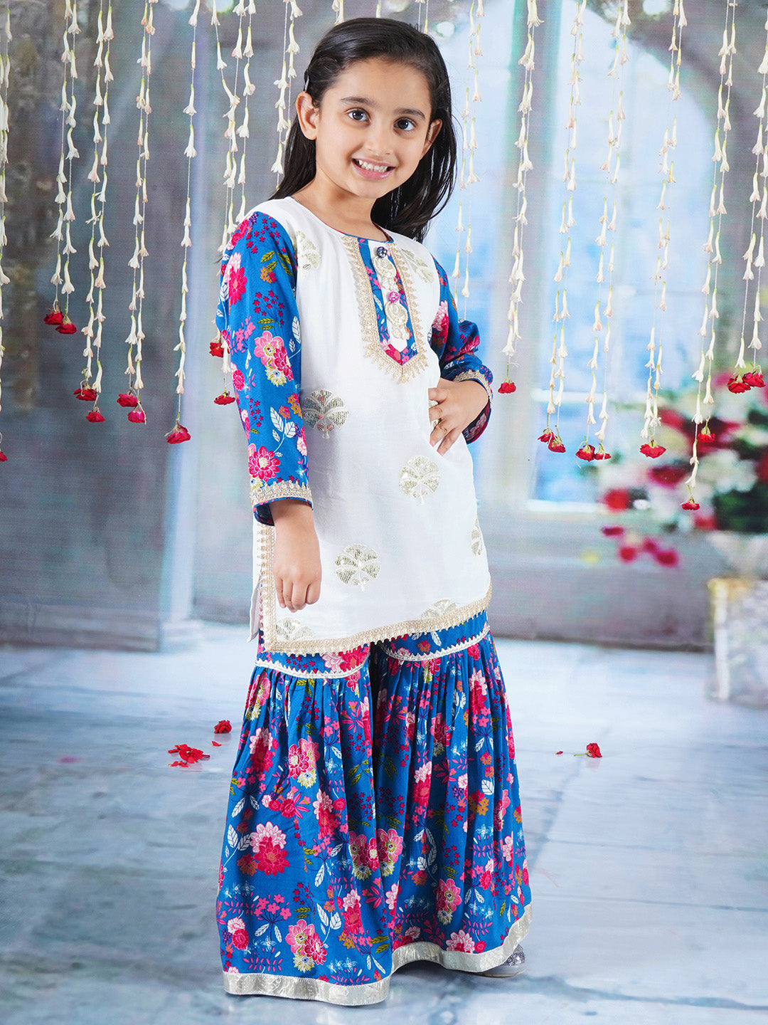 Girls Cotton Full Sleeves Kurta Sharara and Dupatta with Floral Print, Floral Embroidery, Lace & Rajasthani Lac Work - White &  Blue | SHOBITAM