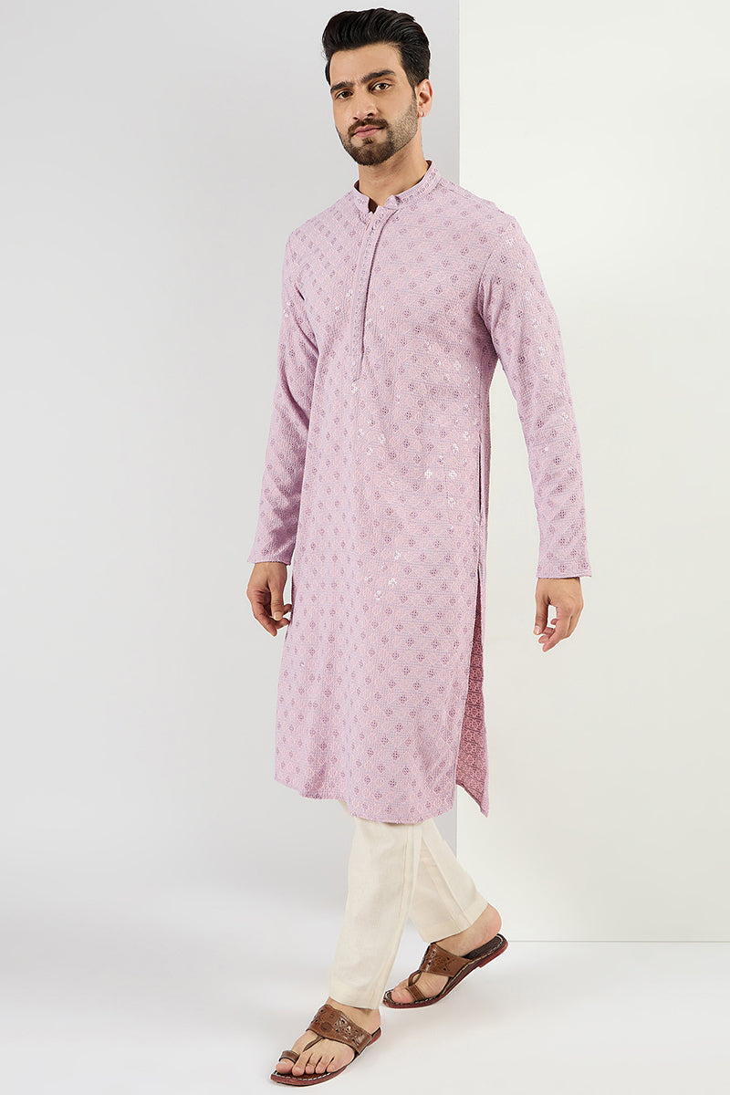 Purple Viscose Rayon Solid Embroidered Straight Kurta With Pant Set | SHOBITAM