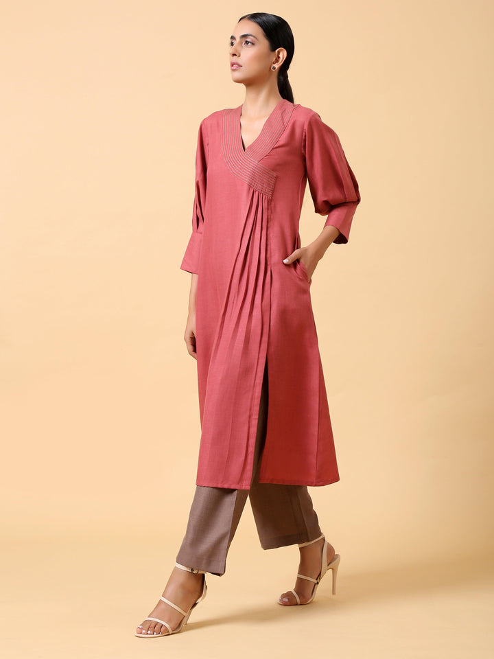 Cotton Linen Rust Red Kurta Pant Set | SHOBITAM