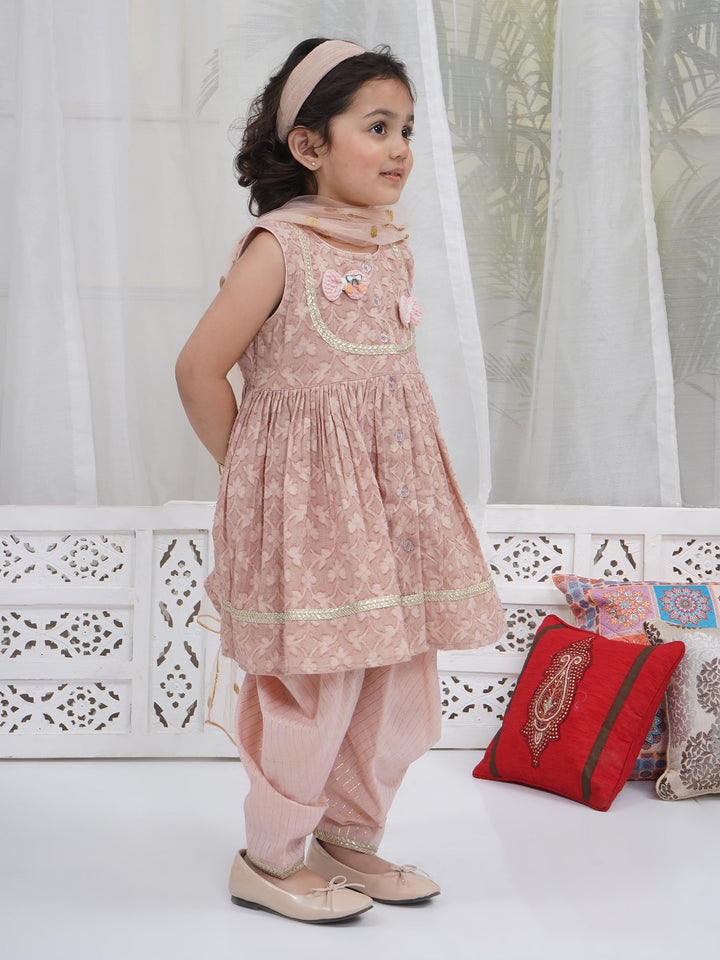 Girls Cotton Sleeveless Floral Self Weaving Kurta with Bow Applique work and Salwar with Dupatta - Mocha Brown