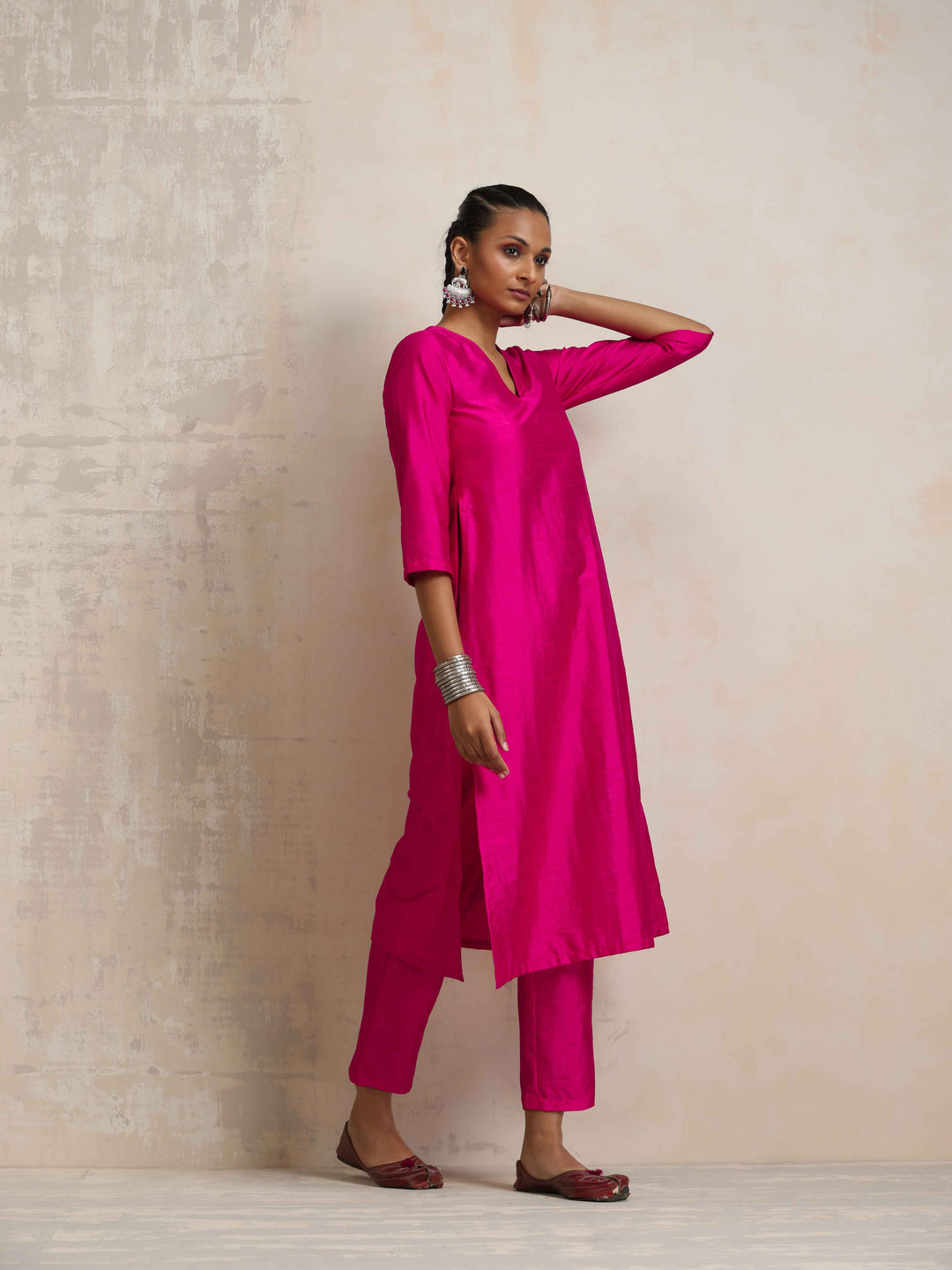Pink Silk High Slit Kurta Set | SHOBITAM