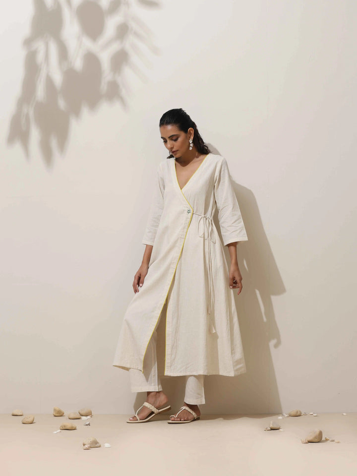 Off White Cotton Linen Angrakha Kurta Pant Set | SHOBITAM