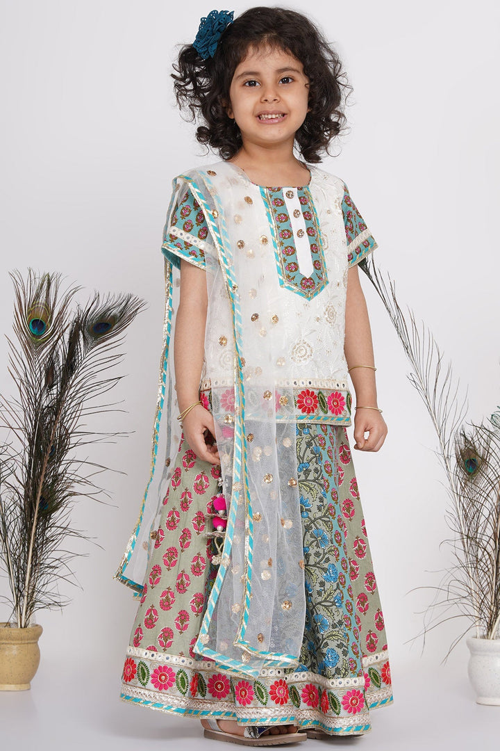 Girls Cotton Floral Embroidery Kurta with Kali Work Lehenga and Tussel work | SHOBITAM