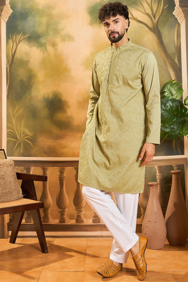 Green Silk Blend Solid Embroidered Straight Kurta | SHOBITAM
