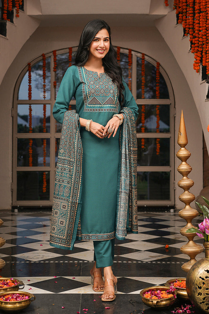 Teal Rayon Blend Ajrakh Printed Straight Kurta Trousers With Dupatta | SHOBITAM