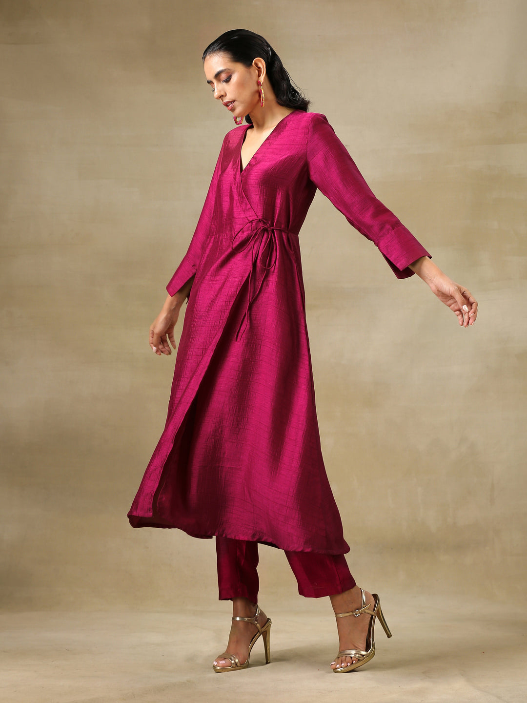 Purple Textured Silk Angrakha Kurta Pant Set | SHOBITAM