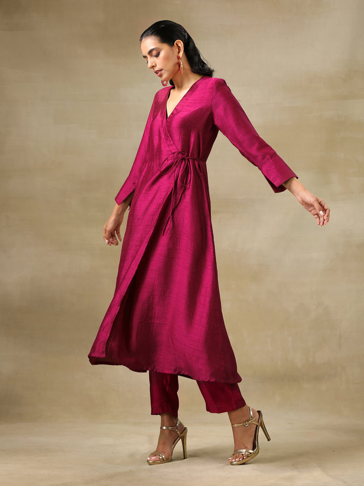 Purple Textured Silk Angrakha Kurta Pant Set | SHOBITAM