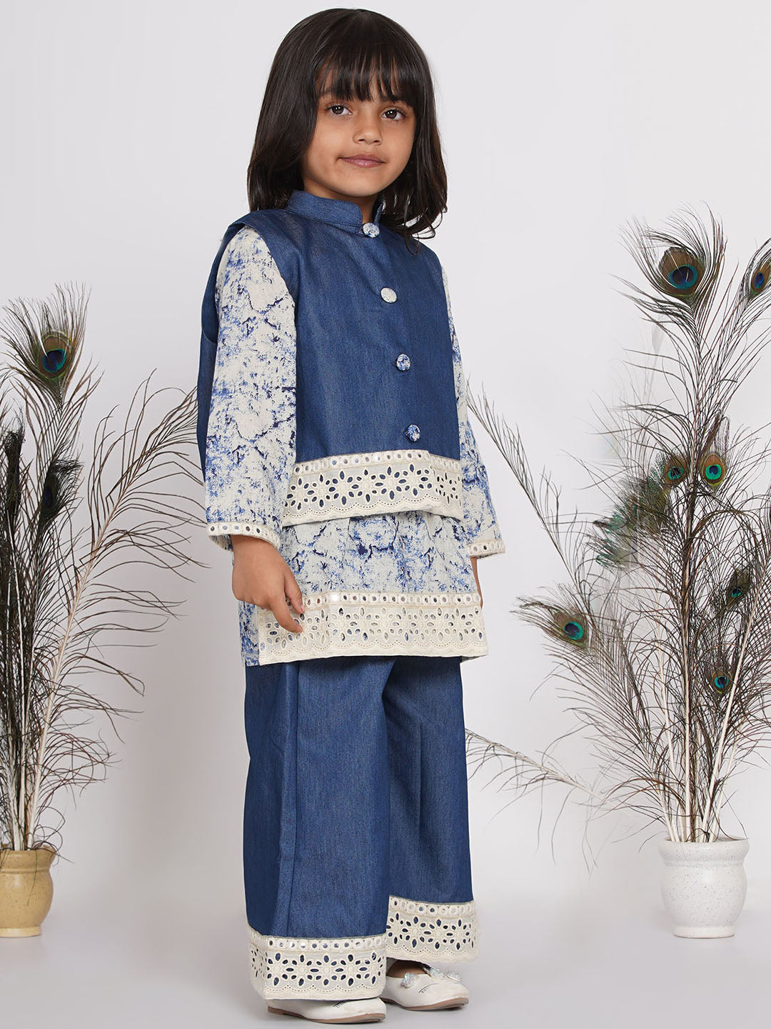 Girls Denim Jacket and Kurta with Patchwork Plazzo - Denim Blue  | SHOBITAM