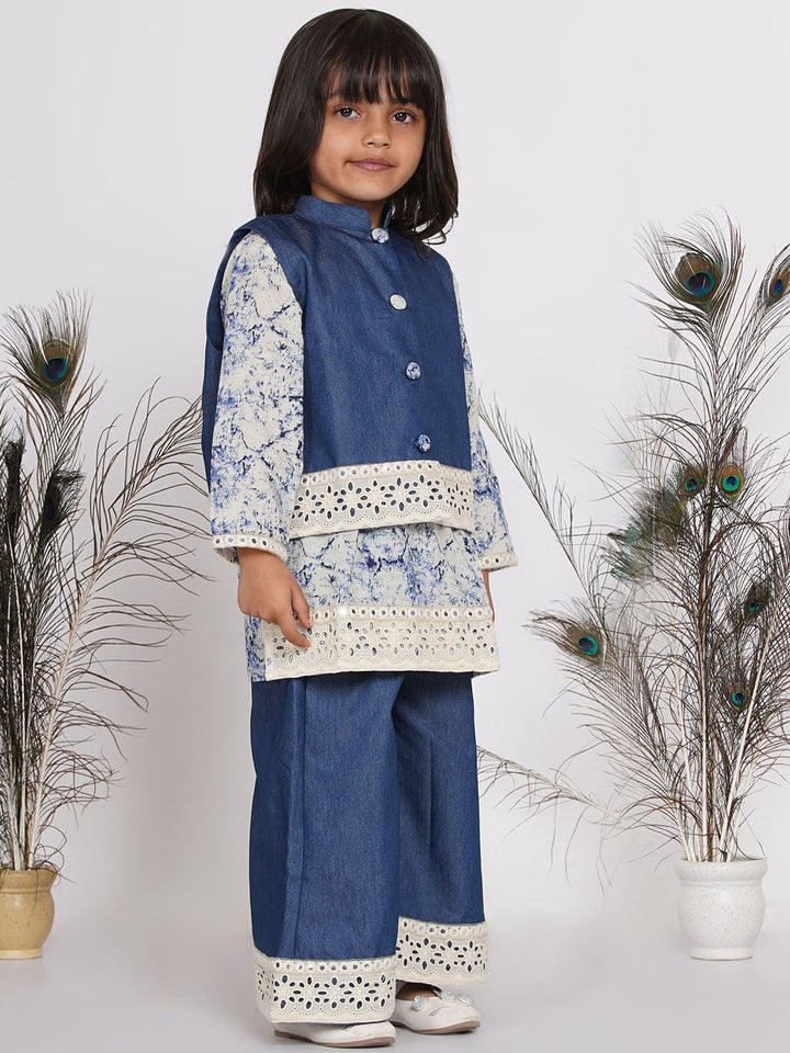 Girls Denim Jacket and Kurta with Patchwork Plazzo - Denim Blue  | SHOBITAM