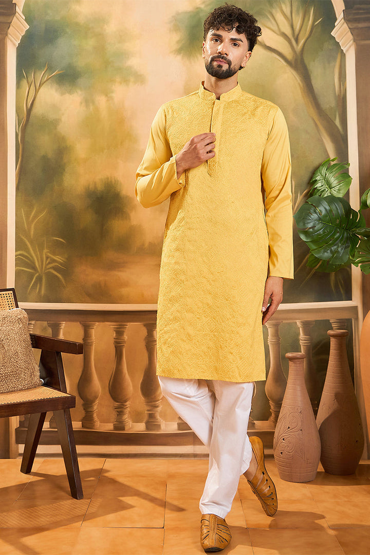 Yellow Silk Blend Solid Embroidered Straight Kurta | SHOBITAM
