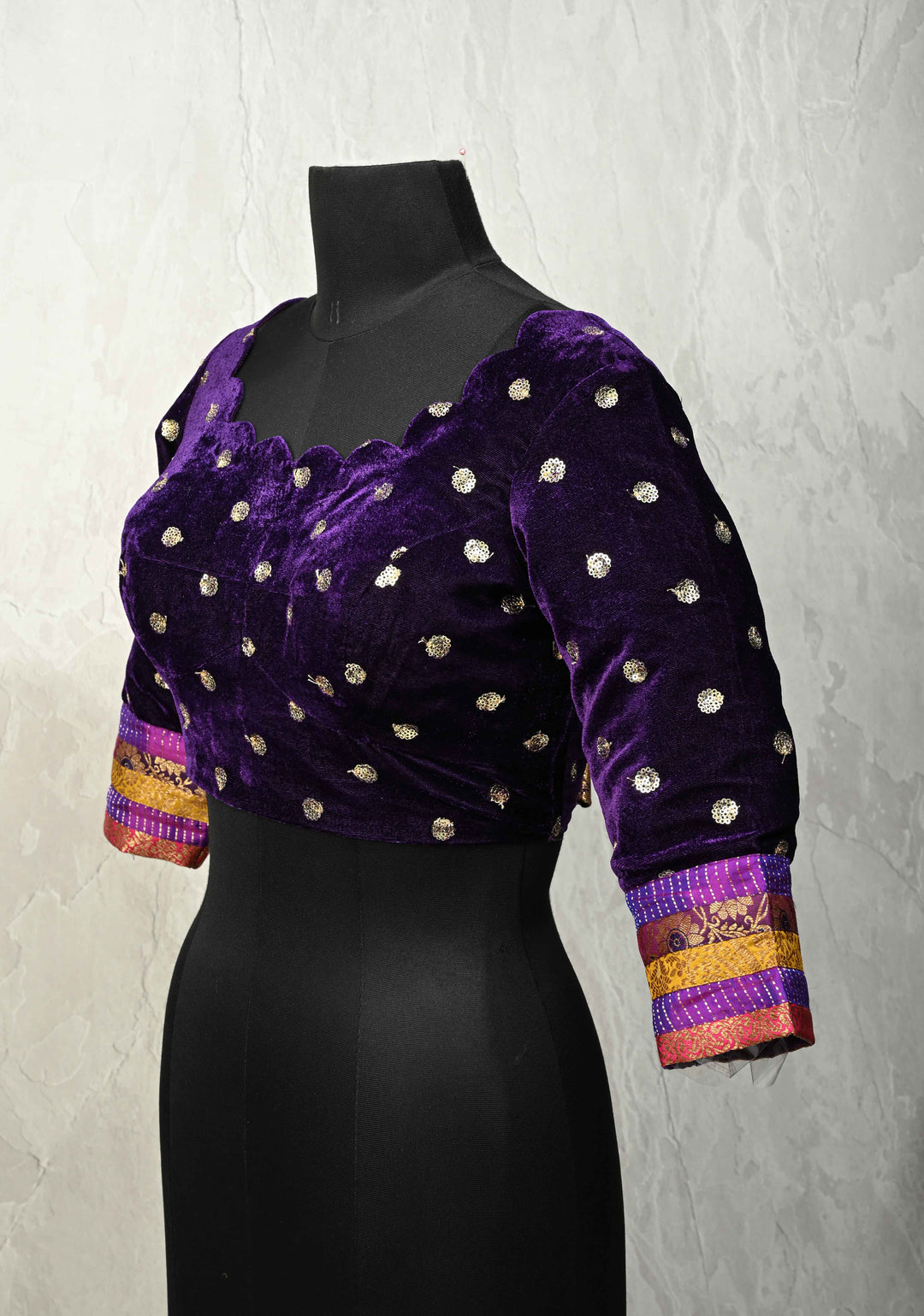 SIZE 40" Deep Purple Velvet 3/4 Sleeve Blouse with Sequins Buttas and Scallop Neckline