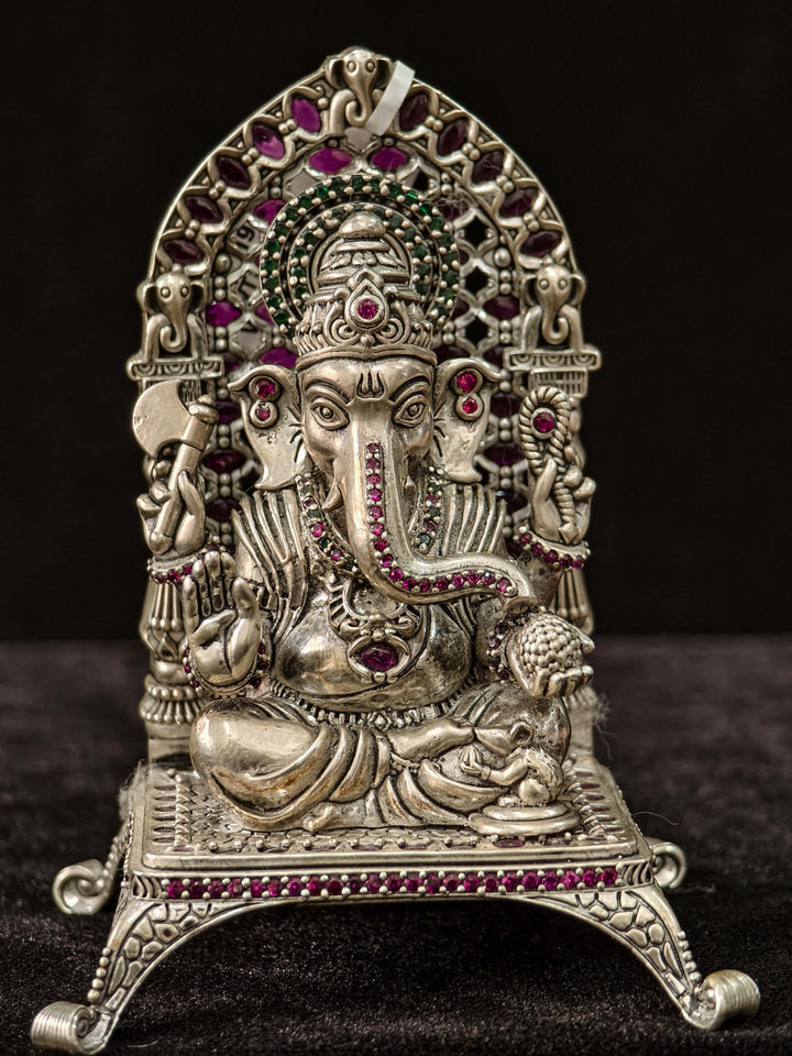 Pure 92.5 Silver Lord Ganesha 3D Idol with Throne and Kemp Stone Detailing