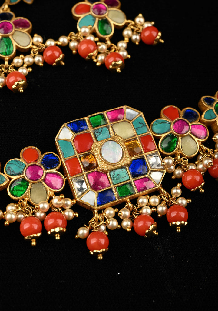 Navaratna 92.5 Silver, 24 kt Gold-Plated Radiant Kundan Choker Set