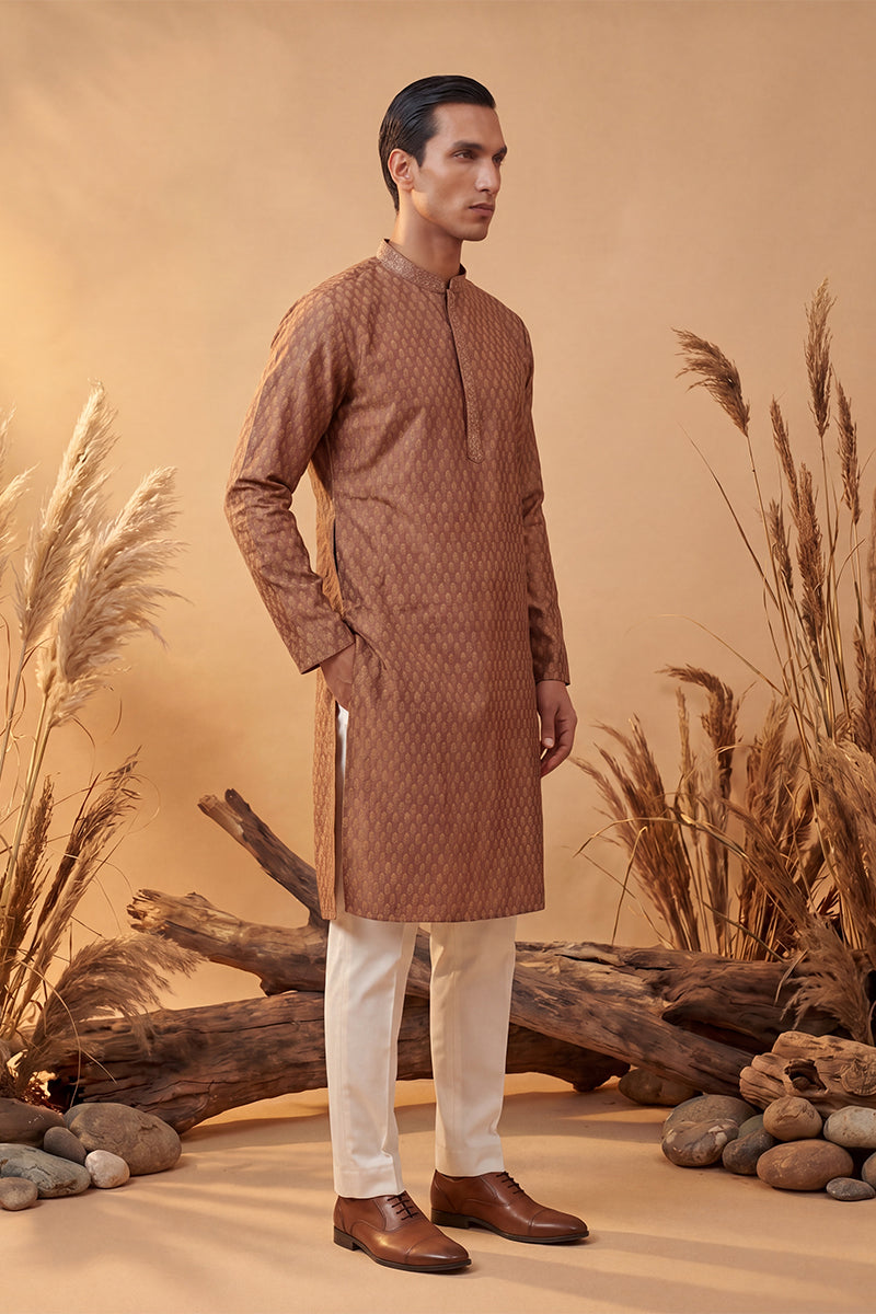 Mens Brown Jacquard Woven Design Straight Kurta With Trouser | SHOBITAM