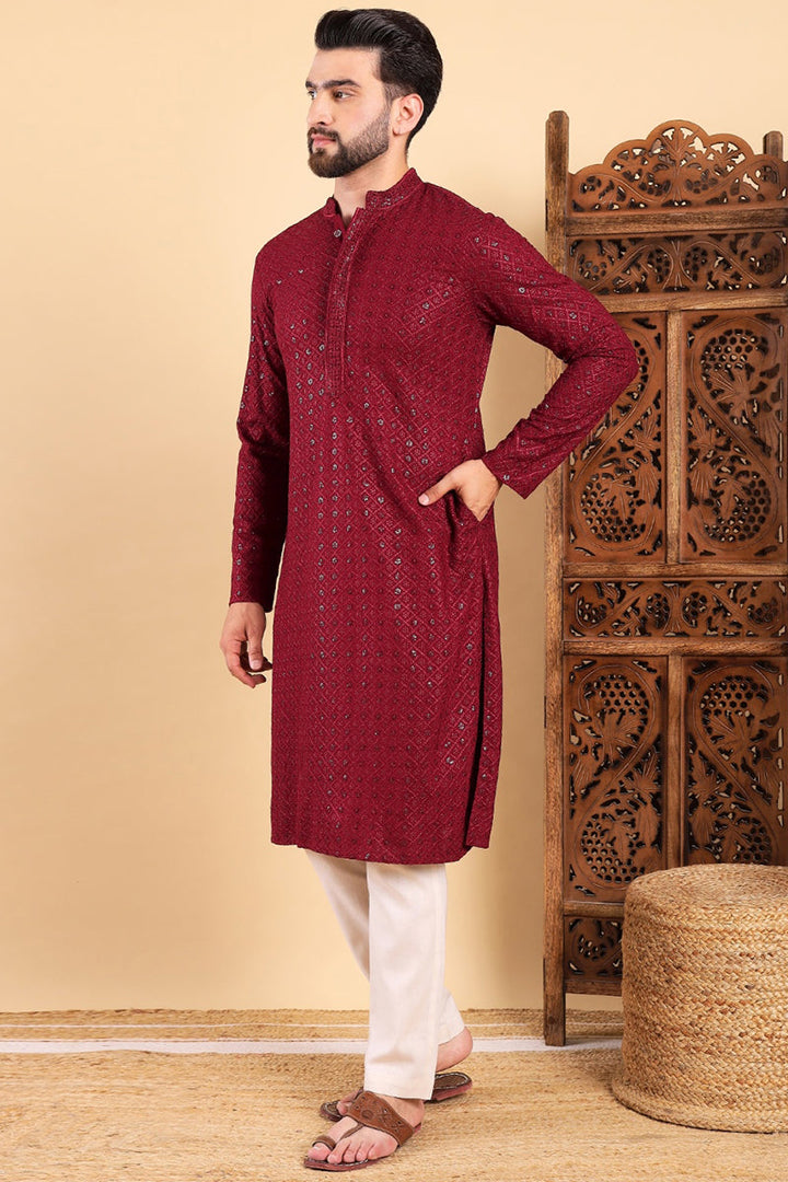 Maroon Viscose Rayon Solid Embroidered Straight Kurta For Men | SHOBITAM