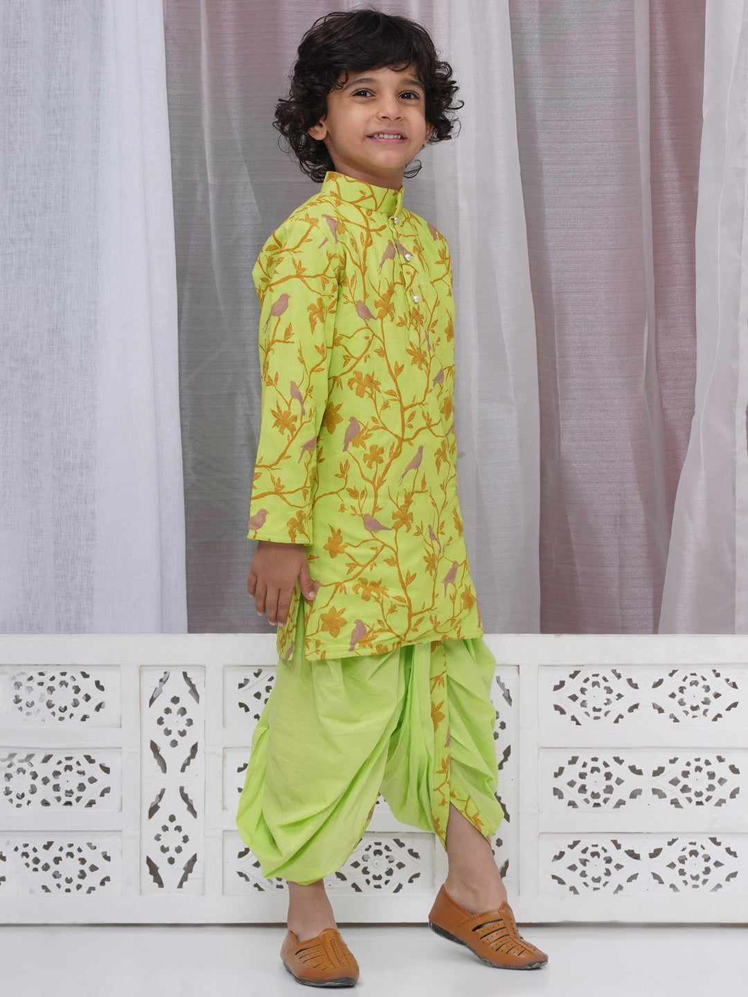 Boys Cotton Full Sleeves Kurta and Dhoti with Floral Bird Thread Embroidery- Green | SHOBITAM