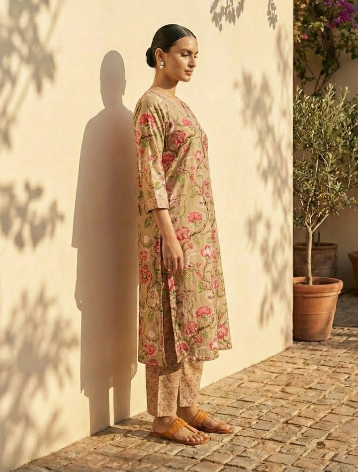 Beige Floral Print Straight Kurta Pant Dupatta Set | SHOBITAM