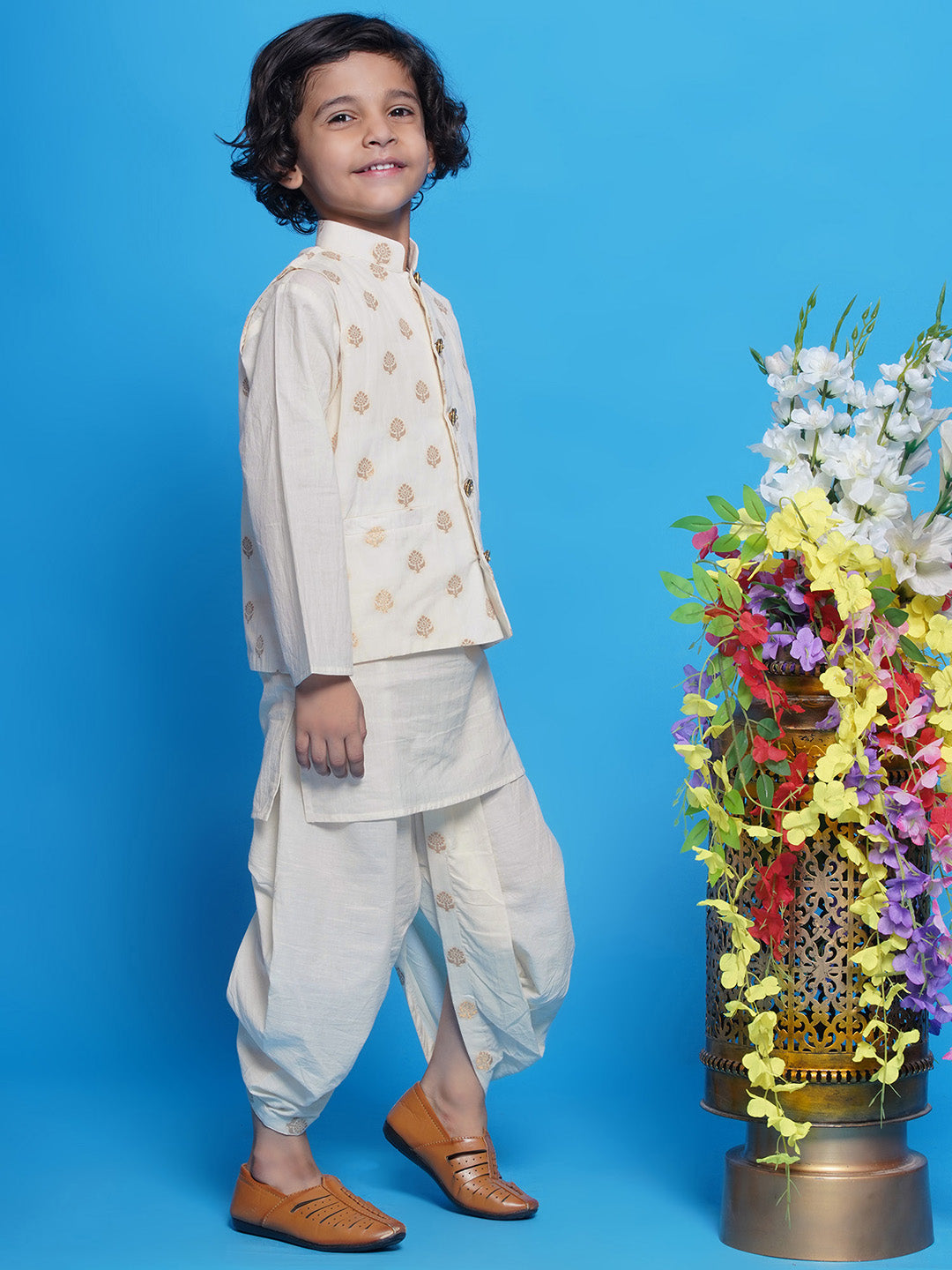 Cotton Sleevelees Golden Floral Embrodiery Nehru Jacket with Kurta and Dhoti - Cream | SHOBITAM